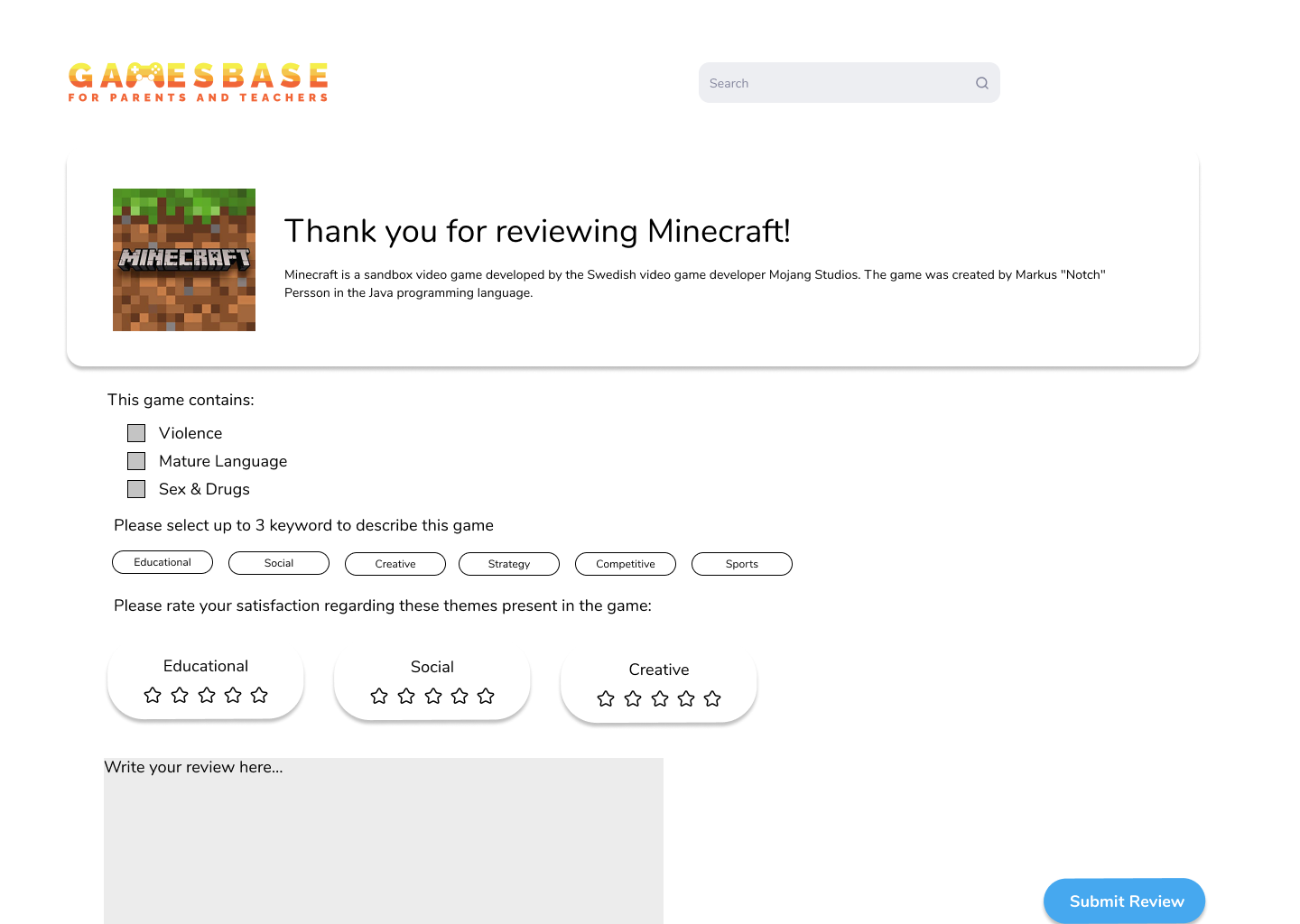 Review submission form with content flags, keywords, and star ratings